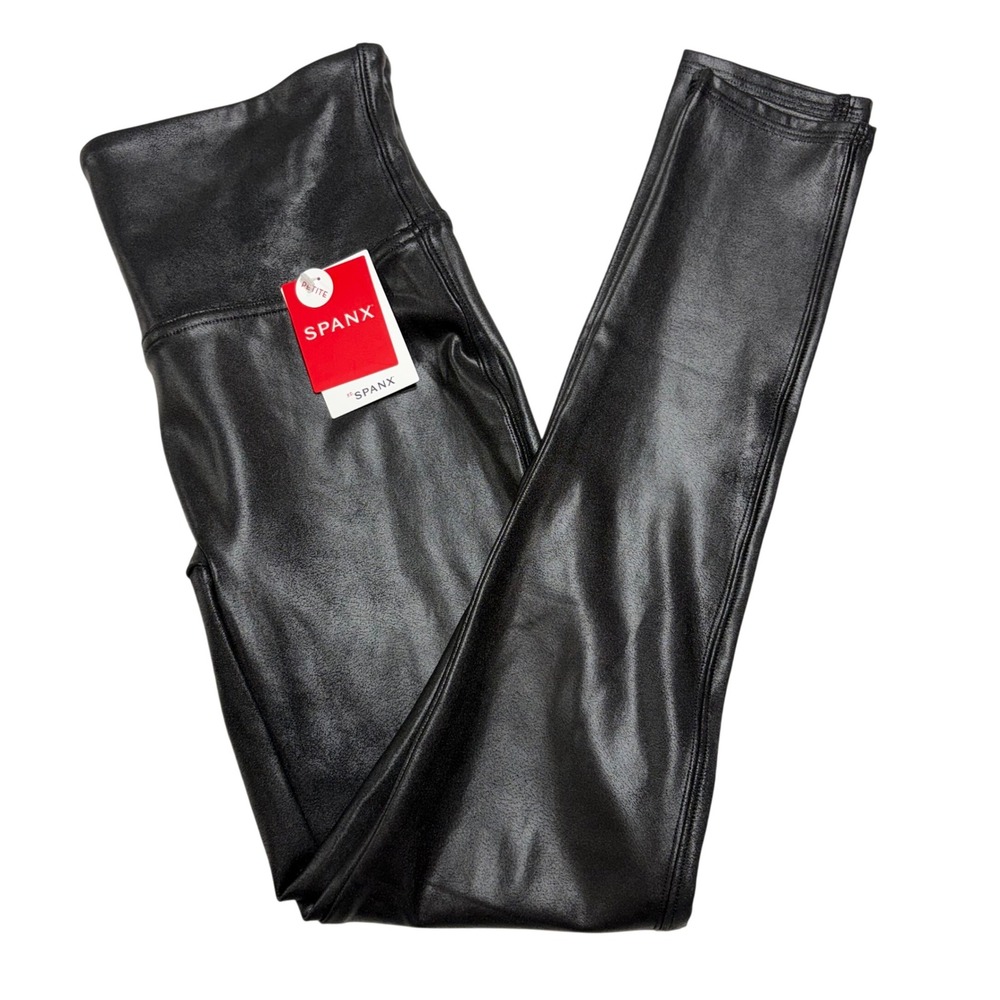 NEW Spanx Faux Leather Leggings Black High Waist Petite Medium‎ 2437Q Moto $98